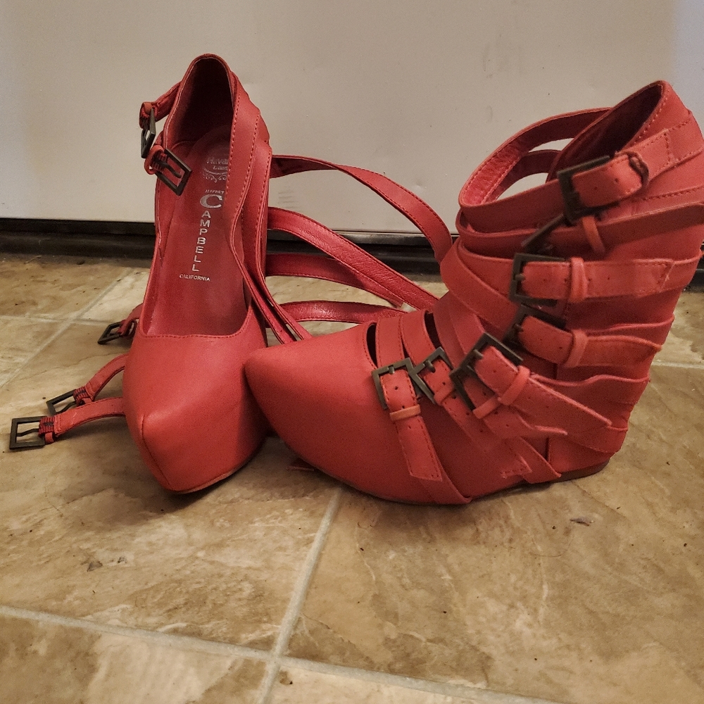 JEFFREY CAMPBELL ZIP 2 BRICK RED SUEDE PLATFORM WEDGES - Picture 8 of 15
